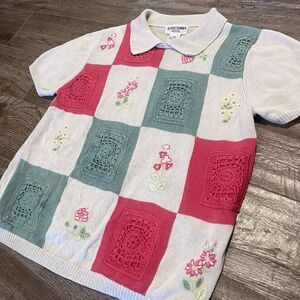 VTG Alfred Dunner Cottagecore Sweater L Petite Embroidered Patchwork Floral Polo